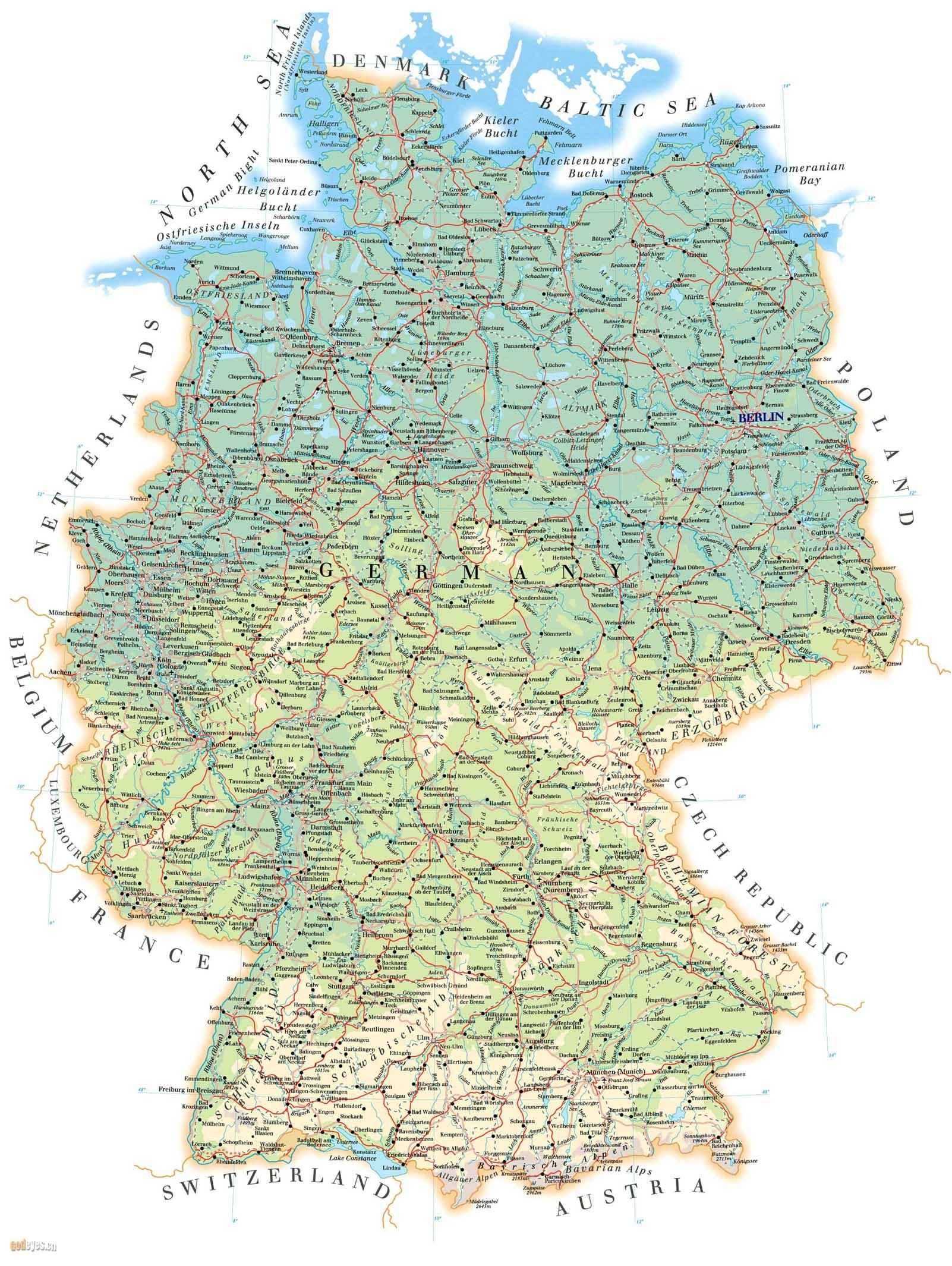 Рельеф Германии на физической карте