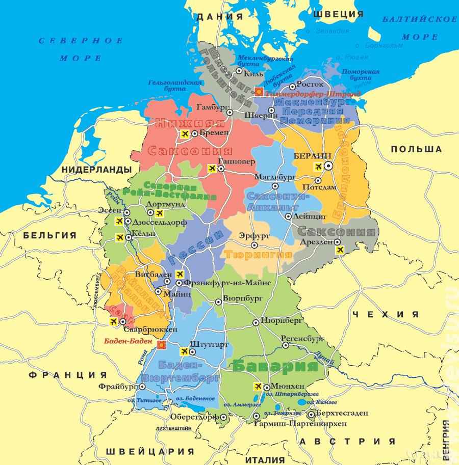 Политическая карта Германии с границами федеральных земель