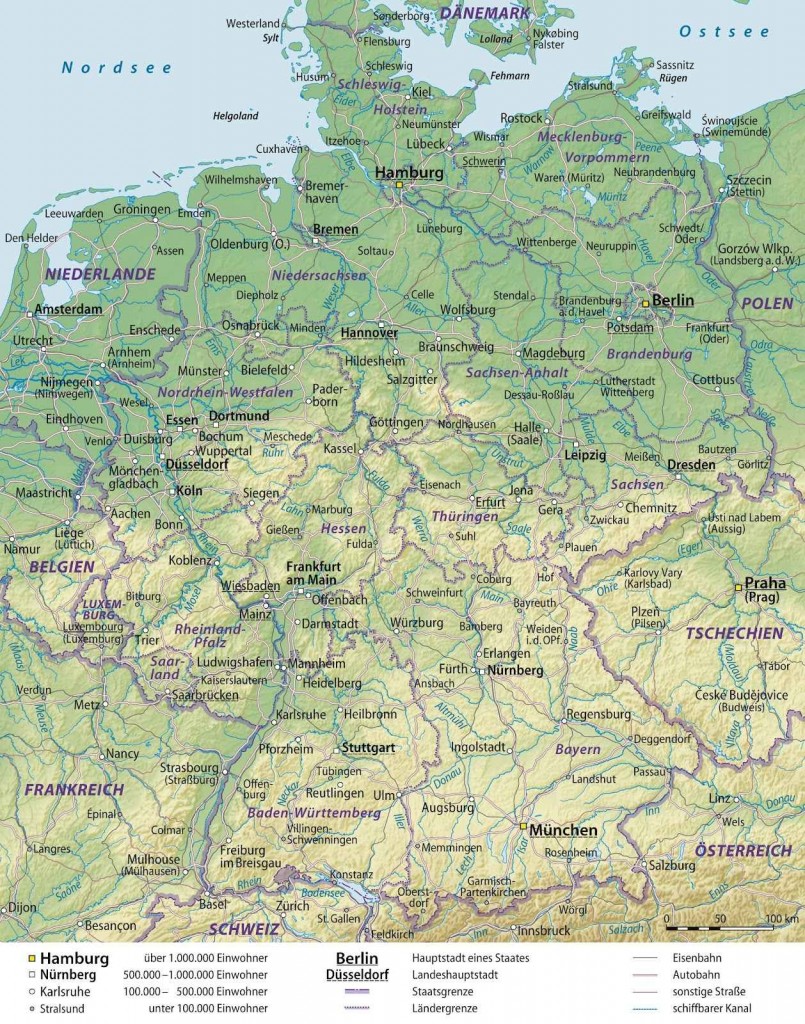 Германия - подробная физико-политическая карта государства