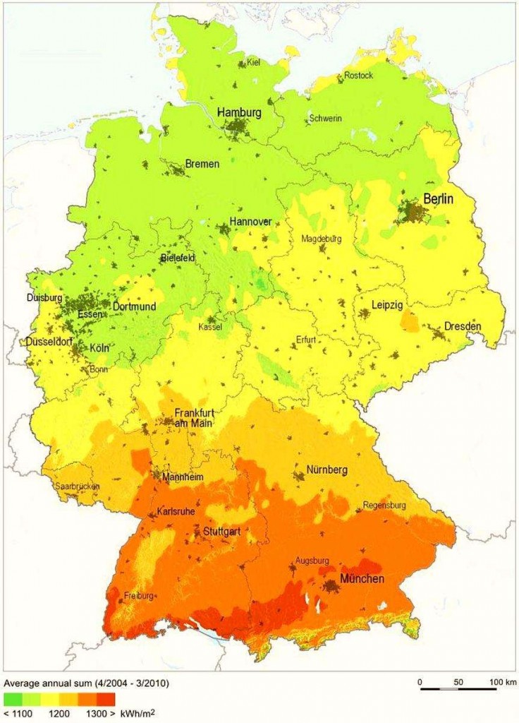 Среднегодовые значения поступления солнечного излучения на территории Германии