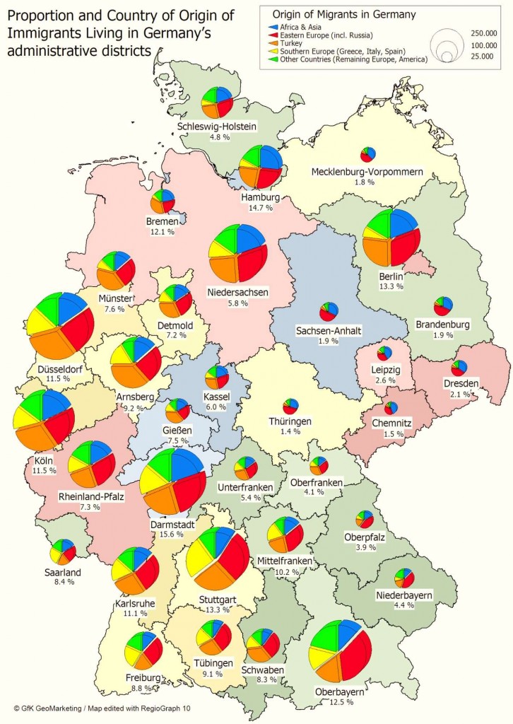 Карта, на которой отображен этнический состав и процент иммигрантского населения в разных частях Германии