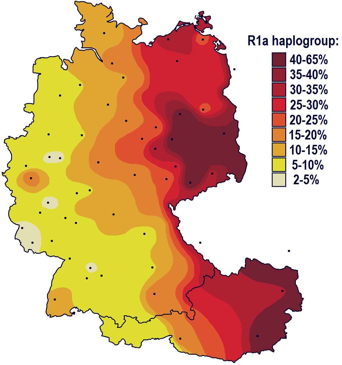 Процент распространения гаплогруппы R1a в Германии