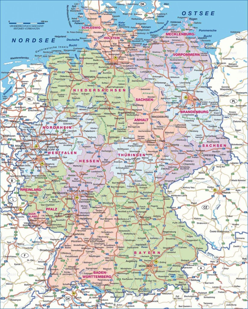 Подробная карта Германии с автомобильными дорогами на немецком