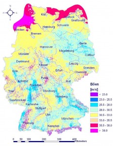Карта Германии, на которой показана максимальная скорость ветра в разных частях страны
