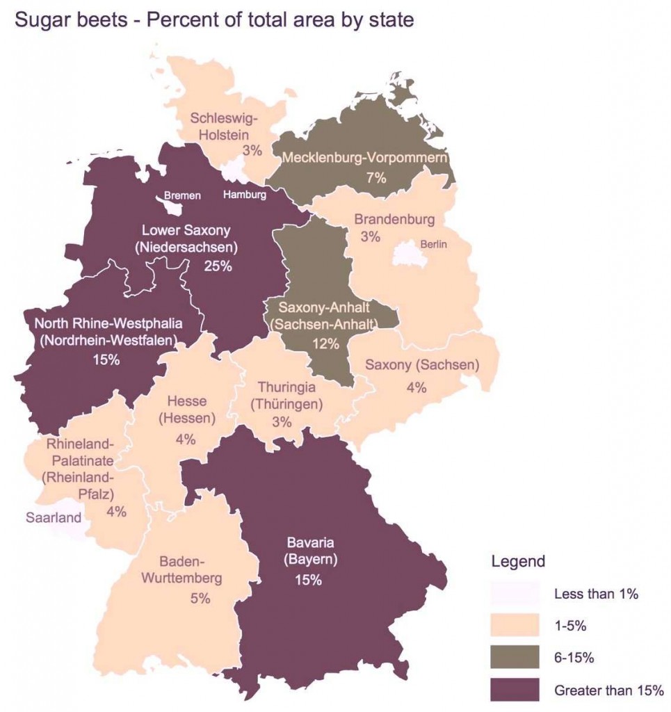 Карта, на которой показана распространенность с/х культуры сахарной свеклы в Германии